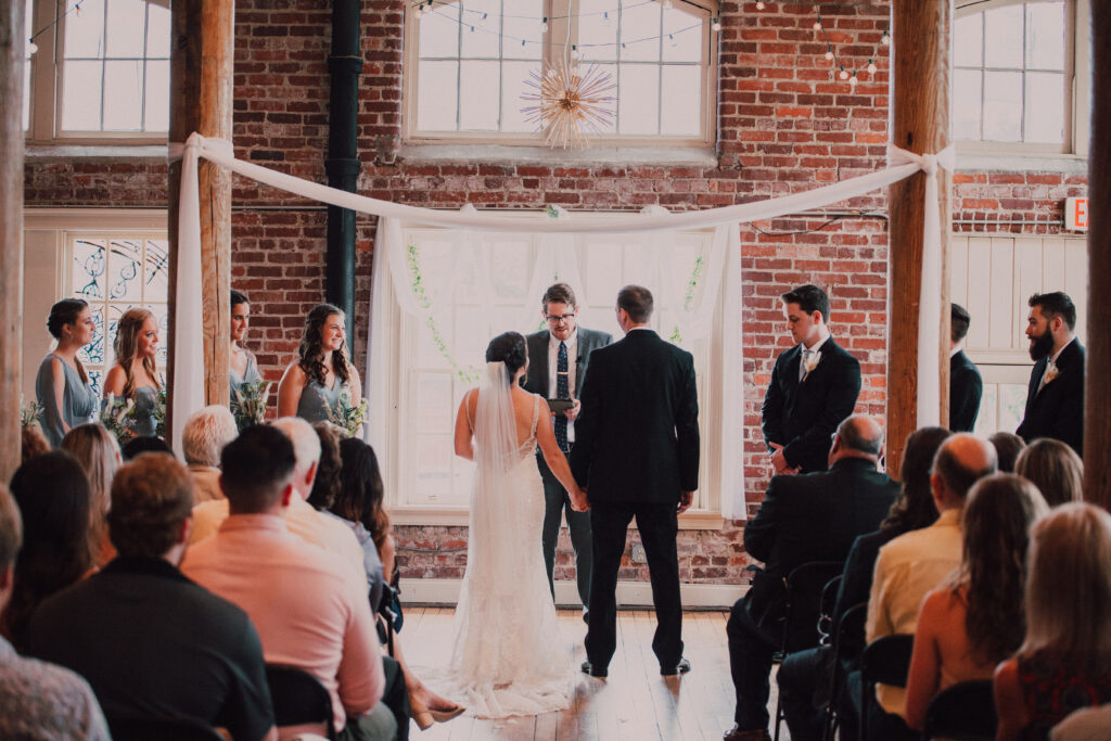 Beautiful indoor wedding venue scene. 